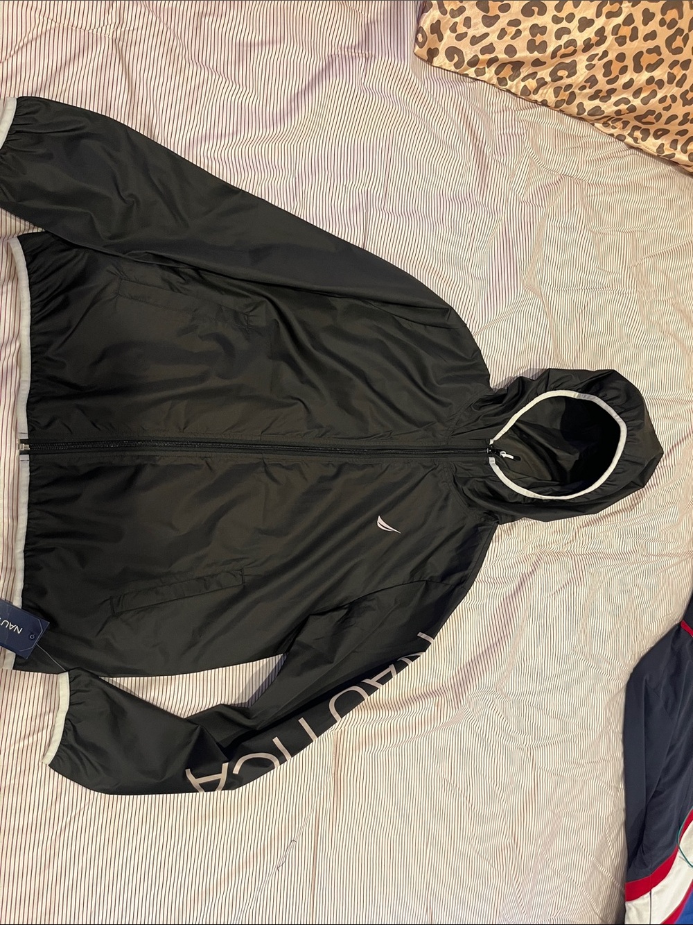 Nautica Black Hooded Windbreaker with White Trim and Sleeve Branding